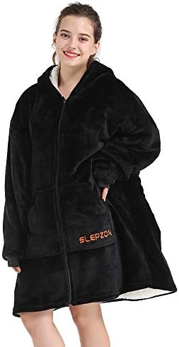 קפוצ'ון שמיכה של Slepzon | שמיכה לבישה גדולה מדי - כיסים עמוקים, שרוולים נוחים, רוכסן קדמי - שמיכת סווטשירט פליס דלוקס - שחור